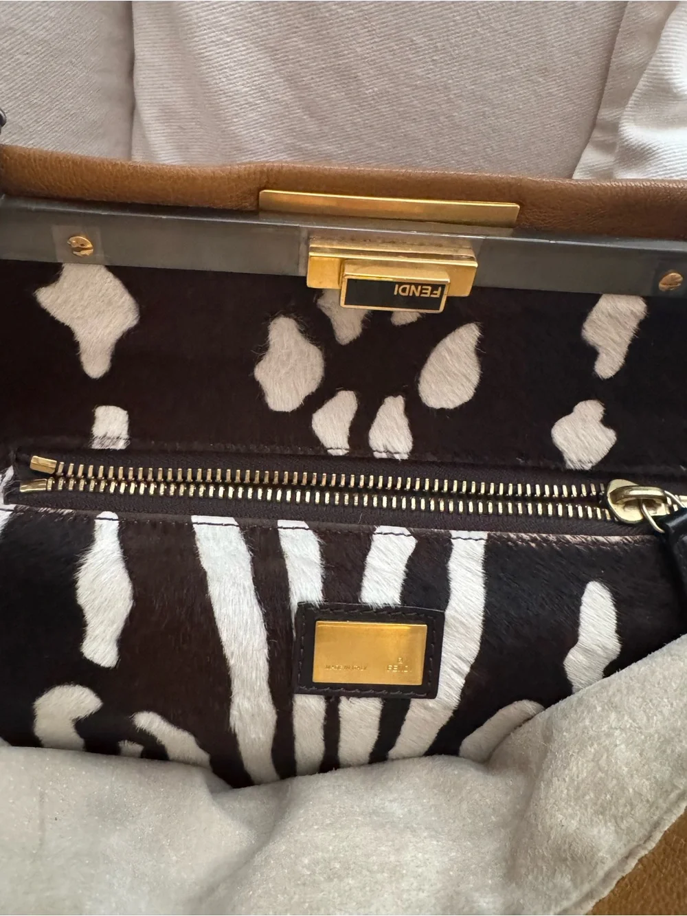 Fendi peekaboo large Brown Leather Top-Handle Women's Bag with Zebra Interior